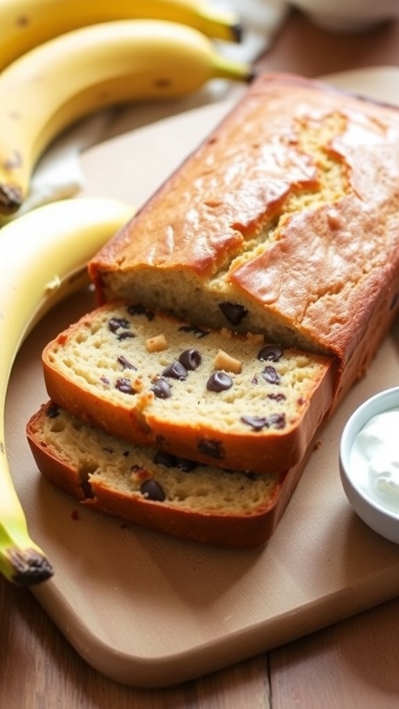 Moist banana bread loaf sliced on a cutting board with bananas and yogurt in the background.